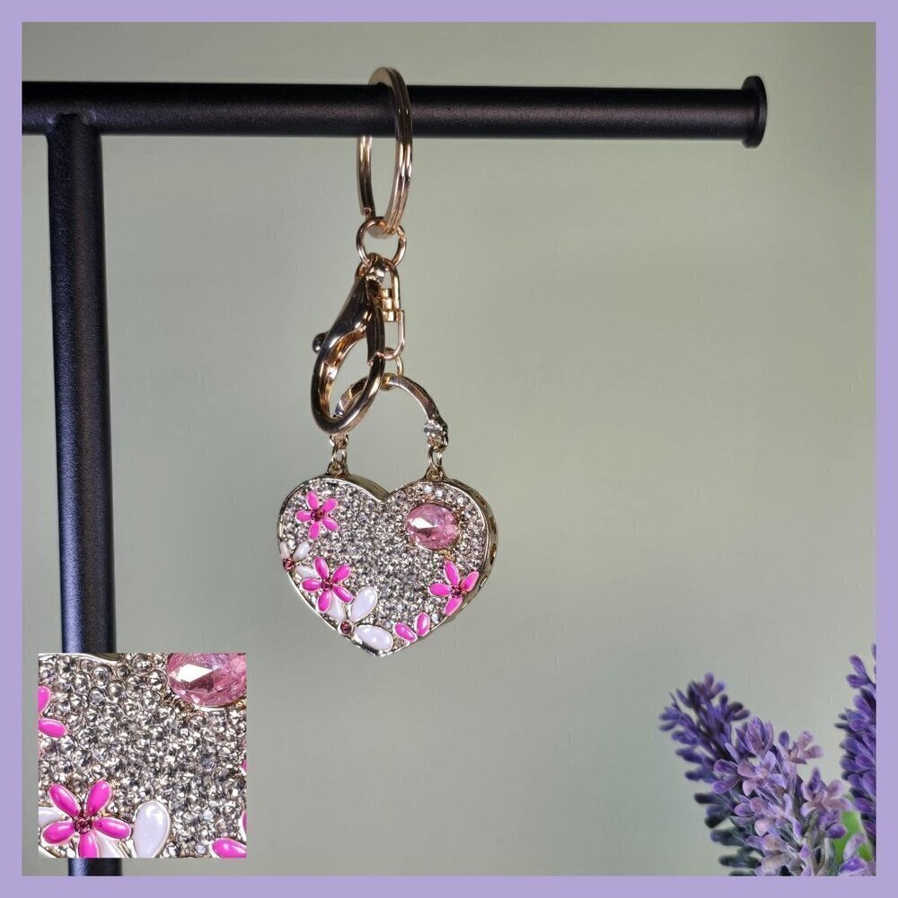 Heart-Shaped Rhinestone & Enamel‎ Floral Keychain With Pink Gem Accents